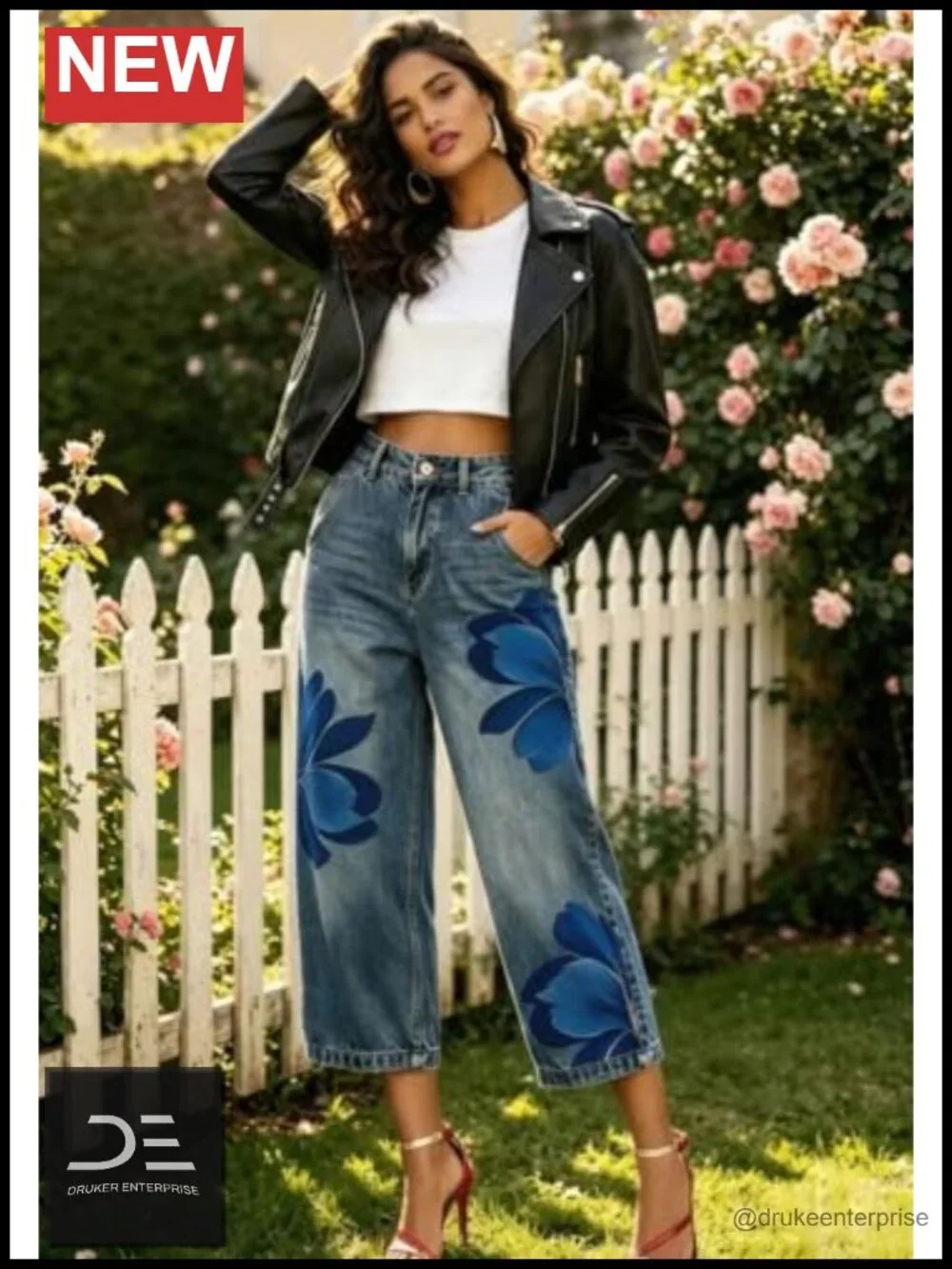 Unbranded Women Barrel Capri Jeans Floral Wide Leg Cropped Cargo Denim Pants
